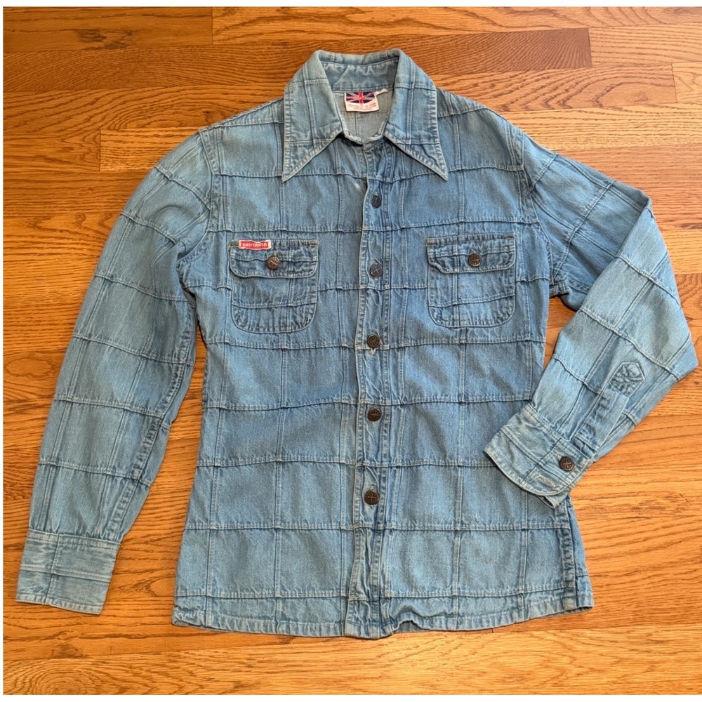 Vintage Brittania Sportswear Denim Jacket Light Wash Quilted Grid Pattern Mens M